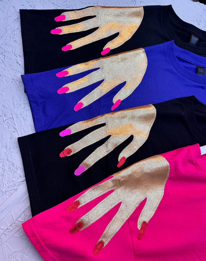 Sample - Size S - 'Hands On' Oversized Longer Length Tee - Gold and Neon on Black
