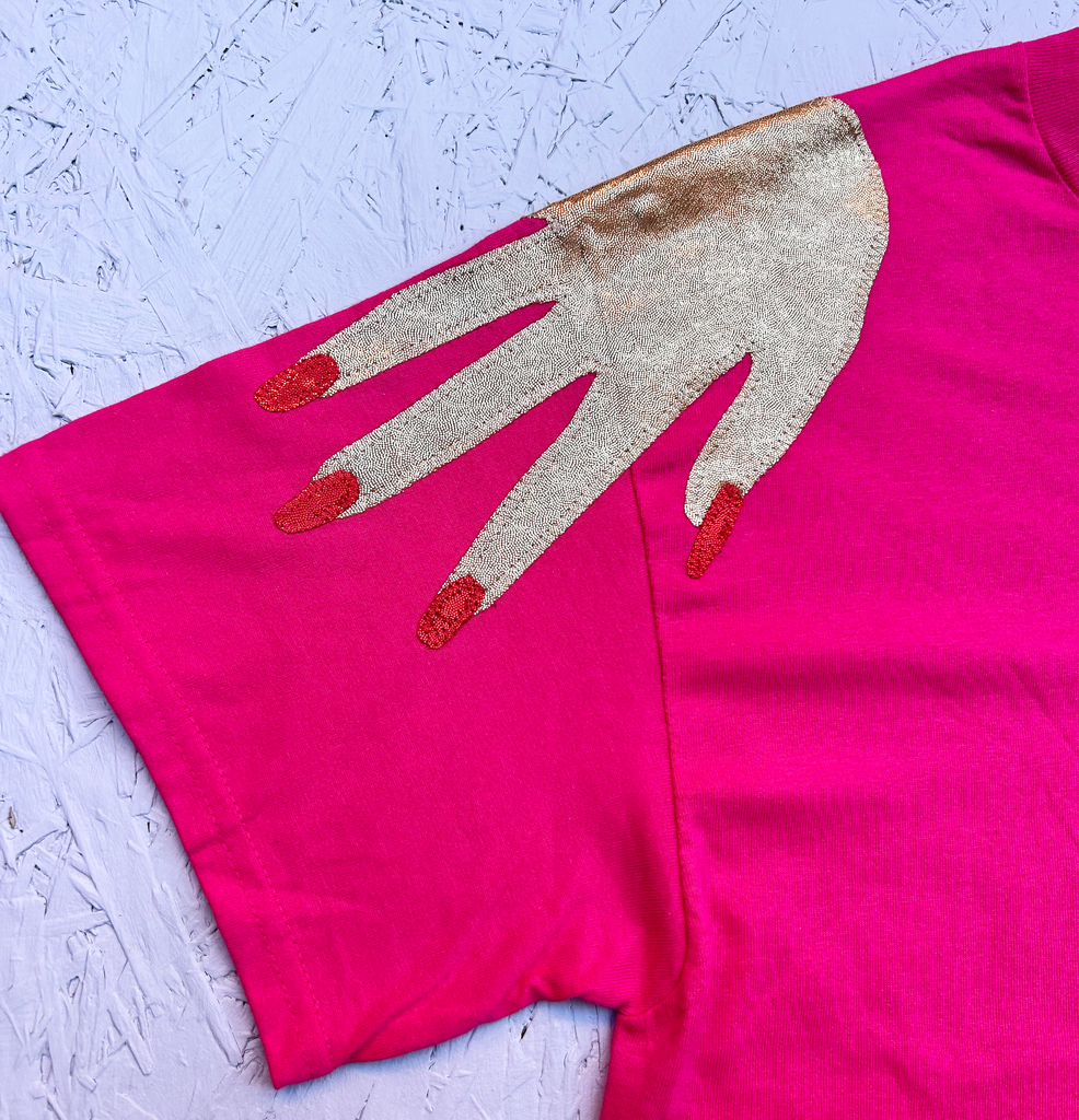 Sample - Size S - 'Hands On' Oversized Longer Length Tee - Gold and Red on Hot Pink