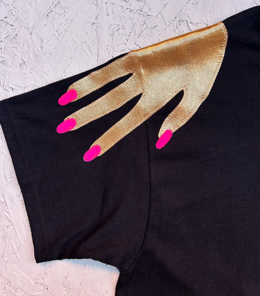 Sample - Size S - 'Hands On' Oversized Longer Length Tee - Gold and Neon on Black